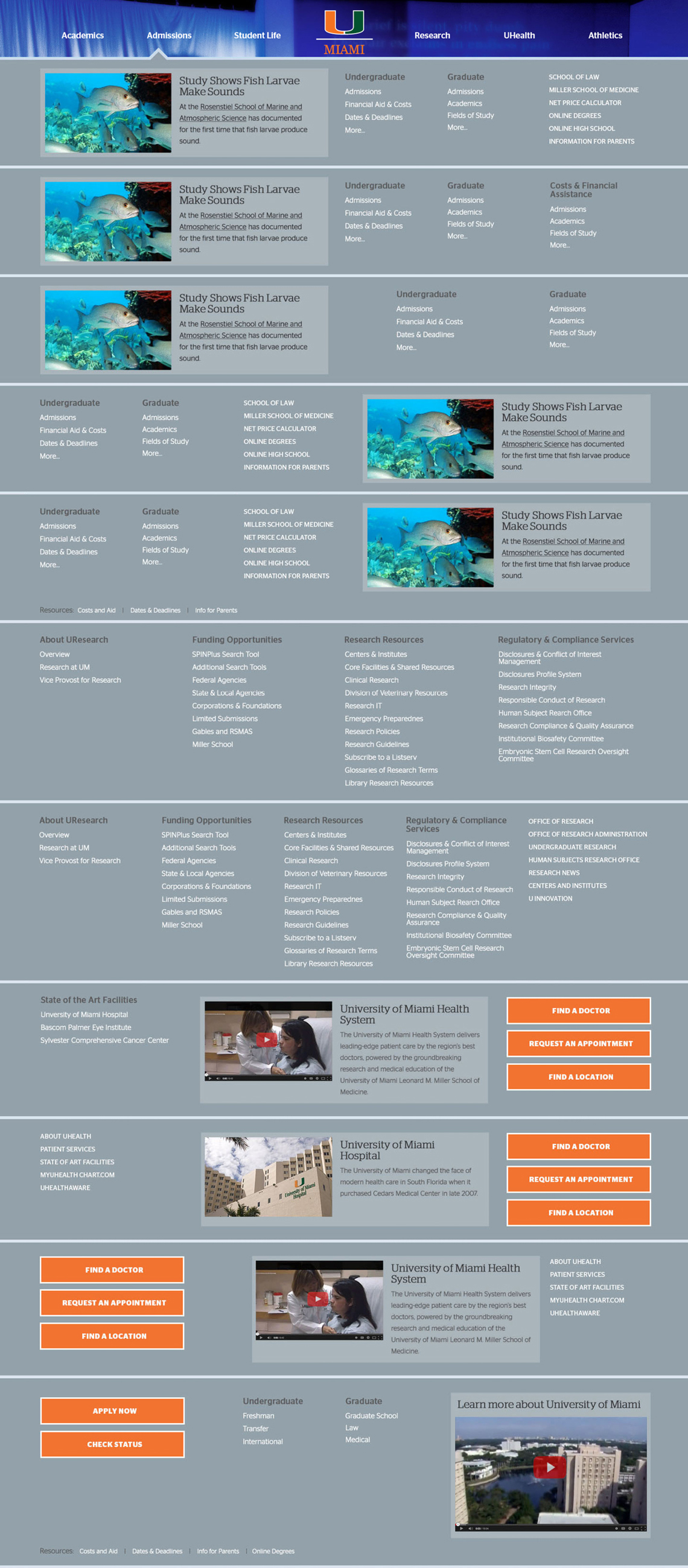 University of Miami Mega Menu Desktop View