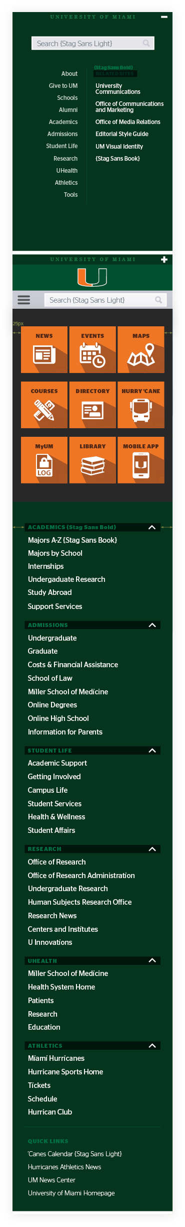 University of Miami Mega Menu Mobile View